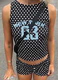 Fashion Polka Dot Print Contrast Color Sleeveless Round Neck Vest High Waist Shorts Set