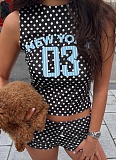 Fashion Polka Dot Print Contrast Color Sleeveless Round Neck Vest High Waist Shorts Set