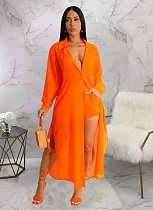Sexy See-through Solid Color Chiffon Long Shirt and Shorts Beach Two-piece Suit Sexy See-through Solid Color Chiffon Long Shirt and Shorts Beach Two-piece Suit