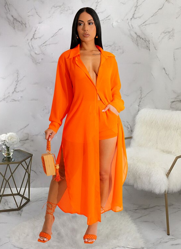Sexy See-through Solid Color Chiffon Long Shirt and Shorts Beach Two-piece Suit