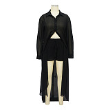 Sexy See-through Solid Color Chiffon Long Shirt and Shorts Beach Two-piece Suit