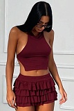 Burgundy Spring And Summer New Sexy Halter Neck Vest Pleated Skirt Two-Piece Suit