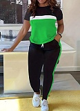 Fashionable Contrast Color Stitching Short-sleeved T-shirt and Trousers Suit