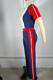 Dark Blue Stitching Lapel Zipper Drawstring Short-Sleeved Sports Trousers Two-Piece Set