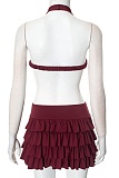 Burgundy Spring And Summer New Sexy Halter Neck Vest Pleated Skirt Two-Piece Suit