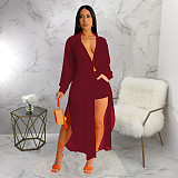 Sexy See-through Solid Color Chiffon Long Shirt and Shorts Beach Two-piece Suit