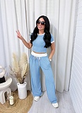 Casual Round Neck Contrast Color Short Sleeve Wide Leg Pants Sports Suit