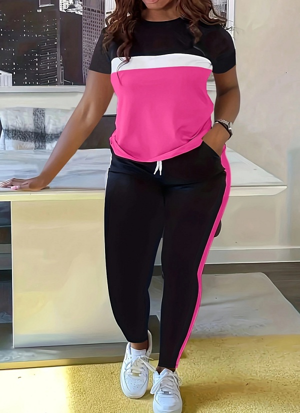 Fashionable Contrast Color Stitching Short-sleeved T-shirt and Trousers Suit