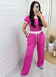 Casual Round Neck Contrast Color Short Sleeve Wide Leg Pants Sports Suit