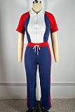 Dark Blue Stitching Lapel Zipper Drawstring Short-Sleeved Sports Trousers Two-Piece Set
