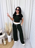 Casual Round Neck Contrast Color Short Sleeve Wide Leg Pants Sports Suit
