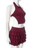 Burgundy Spring And Summer New Sexy Halter Neck Vest Pleated Skirt Two-Piece Suit