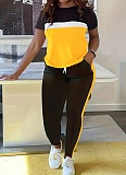 Fashionable Contrast Color Stitching Short-sleeved T-shirt and Trousers Suit
