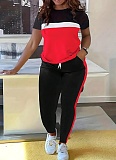 Fashionable Contrast Color Stitching Short-sleeved T-shirt and Trousers Suit