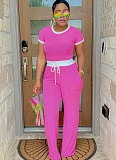 Casual Round Neck Contrast Color Short Sleeve Wide Leg Pants Sports Suit