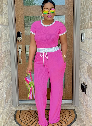 Casual Round Neck Contrast Color Short Sleeve Wide Leg Pants Sports Suit