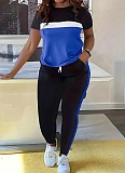 Fashionable Contrast Color Stitching Short-sleeved T-shirt and Trousers Suit
