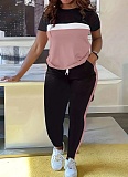 Fashionable Contrast Color Stitching Short-sleeved T-shirt and Trousers Suit