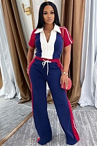 Dark Blue Stitching Lapel Zipper Drawstring Short-Sleeved Sports Trousers Two-Piece Set