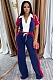 Dark Blue Stitching Lapel Zipper Drawstring Short-Sleeved Sports Trousers Two-Piece Set