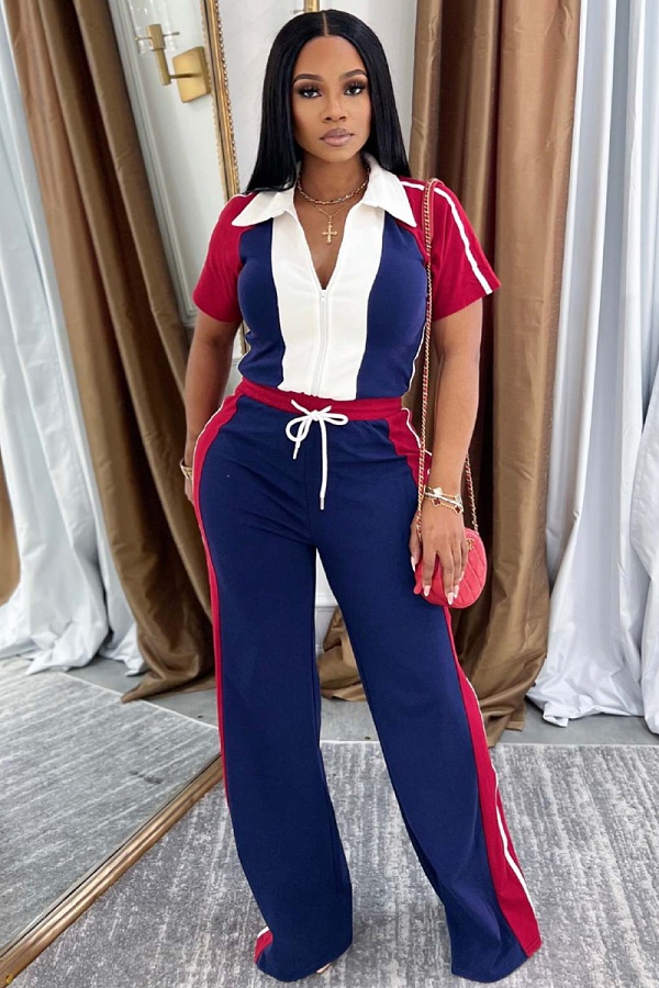 Dark Blue Stitching Lapel Zipper Drawstring Short-Sleeved Sports Trousers Two-Piece Set