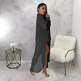 Sexy See-through Solid Color Chiffon Long Shirt and Shorts Beach Two-piece Suit