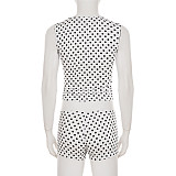 Fashion Polka Dot Print Contrast Color Sleeveless Round Neck Vest High Waist Shorts Set