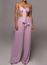 Sexy Solid Color Lace-up Tube Top Mid-waist Wide-leg Pants Set