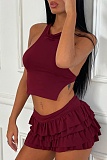 Burgundy Spring And Summer New Sexy Halter Neck Vest Pleated Skirt Two-Piece Suit