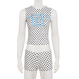 Fashion Polka Dot Print Contrast Color Sleeveless Round Neck Vest High Waist Shorts Set