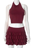 Burgundy Spring And Summer New Sexy Halter Neck Vest Pleated Skirt Two-Piece Suit