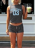 Fashion Polka Dot Print Contrast Color Sleeveless Round Neck Vest High Waist Shorts Set