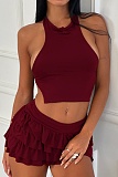 Burgundy Spring And Summer New Sexy Halter Neck Vest Pleated Skirt Two-Piece Suit