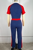 Dark Blue Stitching Lapel Zipper Drawstring Short-Sleeved Sports Trousers Two-Piece Set