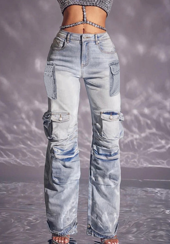 Women's Cargo Pants High Waist Baggy Jeans Flap Pocket Loose Denim