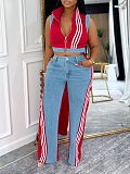 Sleeveless Patchwork Ribbed Striped Top and Denim Wide Leg Pants Two-Piece Set