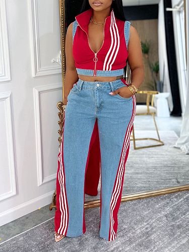Sleeveless Patchwork Ribbed Striped Top and Denim Wide Leg Pants Two-Piece Set