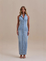 Denim Front Button Sleeveless Lapel V-Neck Maxi Dress