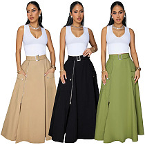 Front Pockets Zipper Slit Belt Maxi Skirt Front Pockets Zipper Slit Belt Maxi Skirt