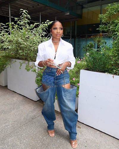 High Waisted Cutout Straight Leg Stretchy Denim Pants Streetwear