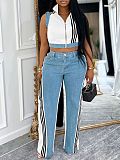 Sleeveless Patchwork Ribbed Striped Top and Denim Wide Leg Pants Two-Piece Set