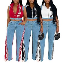 Sleeveless Patchwork Ribbed Striped Top and Denim Wide Leg Pants Two-Piece Set