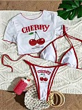 Casual Printed Cherry Slim Fit Neck Bikini Three-piece Set
