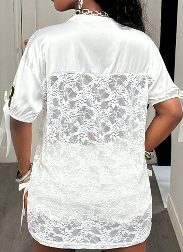White Fashion Digital Print Sexy Hollow Lace Bowknot T-Shirt