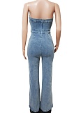 Women's Bandeau Slim Fit Elastic Washed Denim Wide Leg Jumpsuit