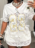 White Fashion Digital Print Sexy Hollow Lace Bowknot T-Shirt