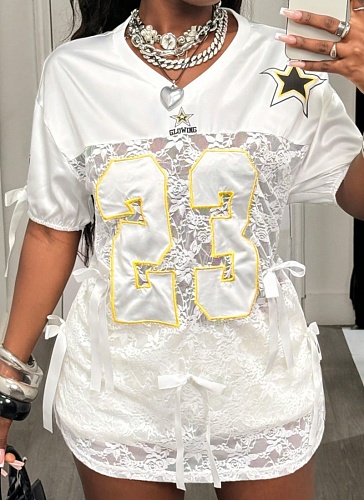 White Fashion Digital Print Sexy Hollow Lace Bowknot T-Shirt