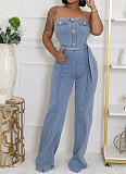Women's Bandeau Slim Fit Elastic Washed Denim Wide Leg Jumpsuit