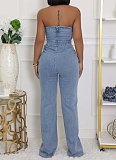 Women's Bandeau Slim Fit Elastic Washed Denim Wide Leg Jumpsuit
