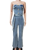 Women's Bandeau Slim Fit Elastic Washed Denim Wide Leg Jumpsuit